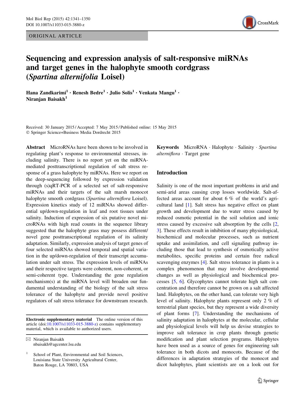 Sequencing and expression analysis of salt-responsive miRNAs and target genes in the halophyte smooth cordgrass (Spartina alternifolia Loisel) by Hana Zandkarimi & Renesh Bedre & Julio Solis & Venkata Mangu & Niranjan Baisakh