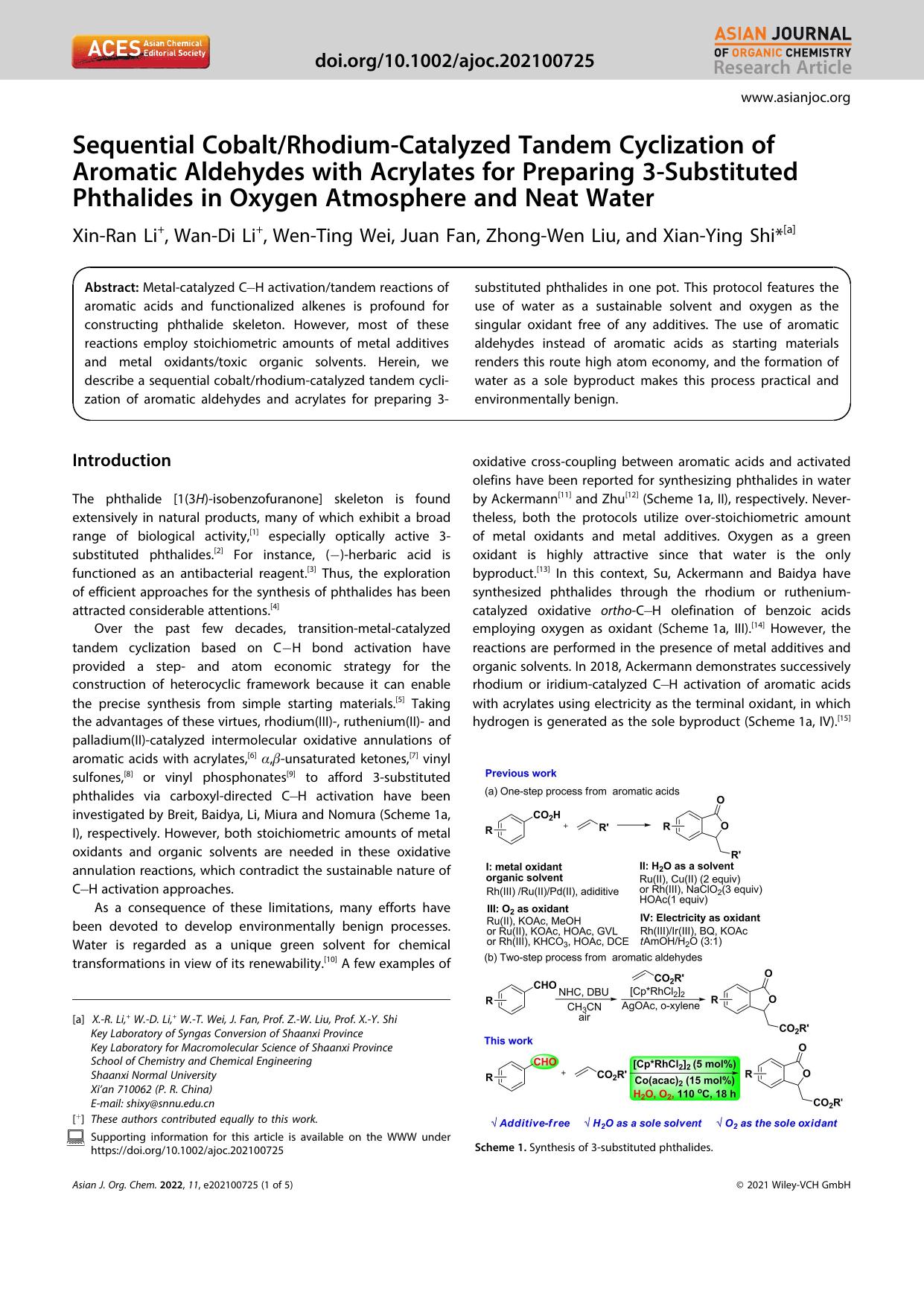 Sequential CobaltRhodiumâCatalyzed Tandem Cyclization of Aromatic Aldehydes with Acrylates for Preparing 3âSubstituted Phthalides in Oxygen Atmosphere and Neat Water by Unknown