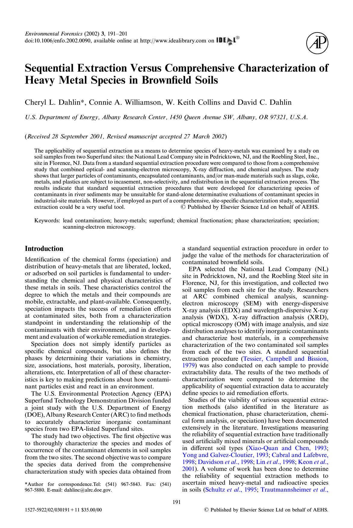 Sequential Extraction Versus Comprehensive Characterization of Heavy Metal Species in Brownfield Soils by Dahlin C. L. et al