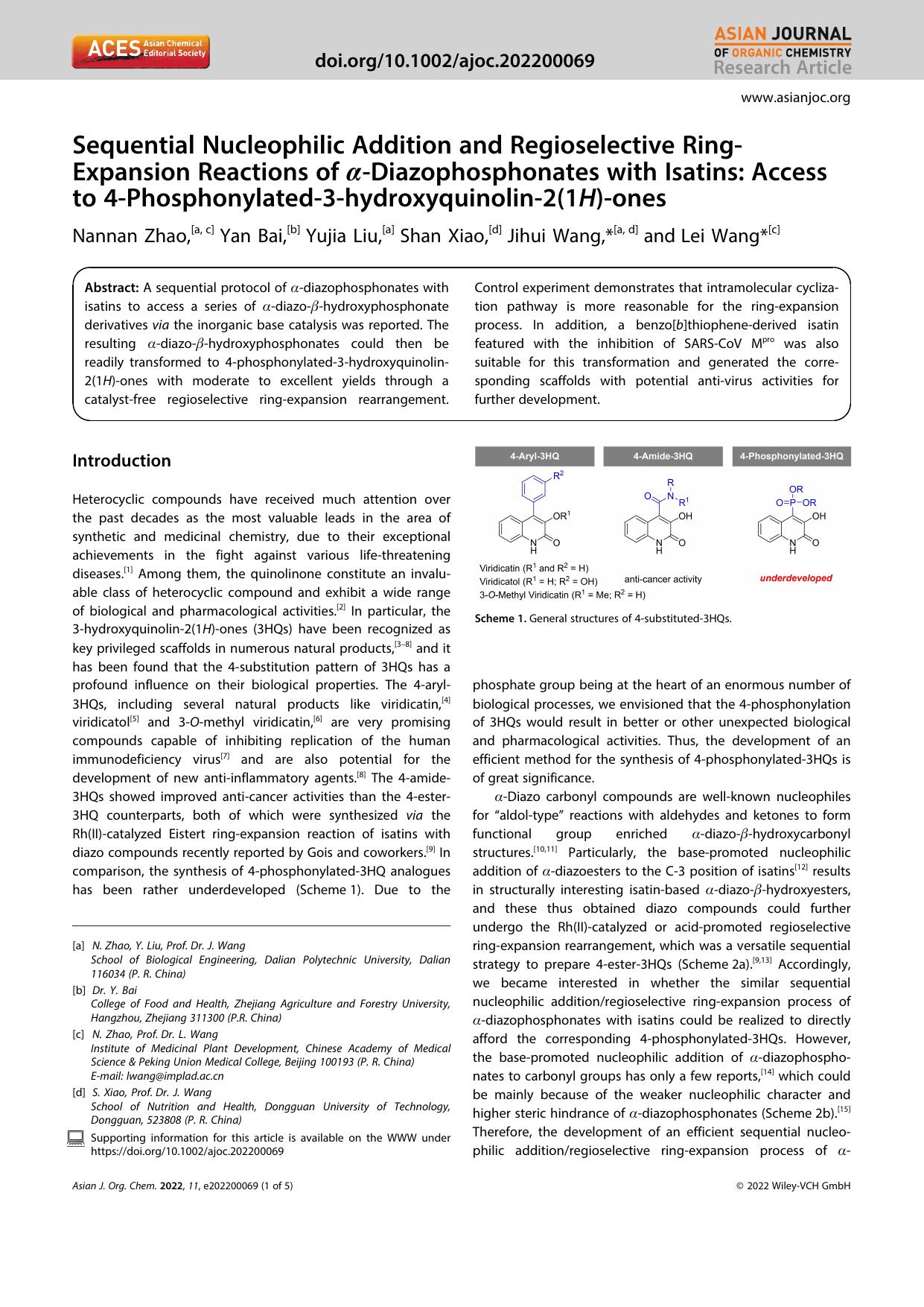 Sequential Nucleophilic Addition and Regioselective RingâExpansion Reactions of Î±âDiazophosphonates with Isatins: Access to 4âPhosphonylatedâ3âhydroxyquinolinâ2(1H)âones by Unknown