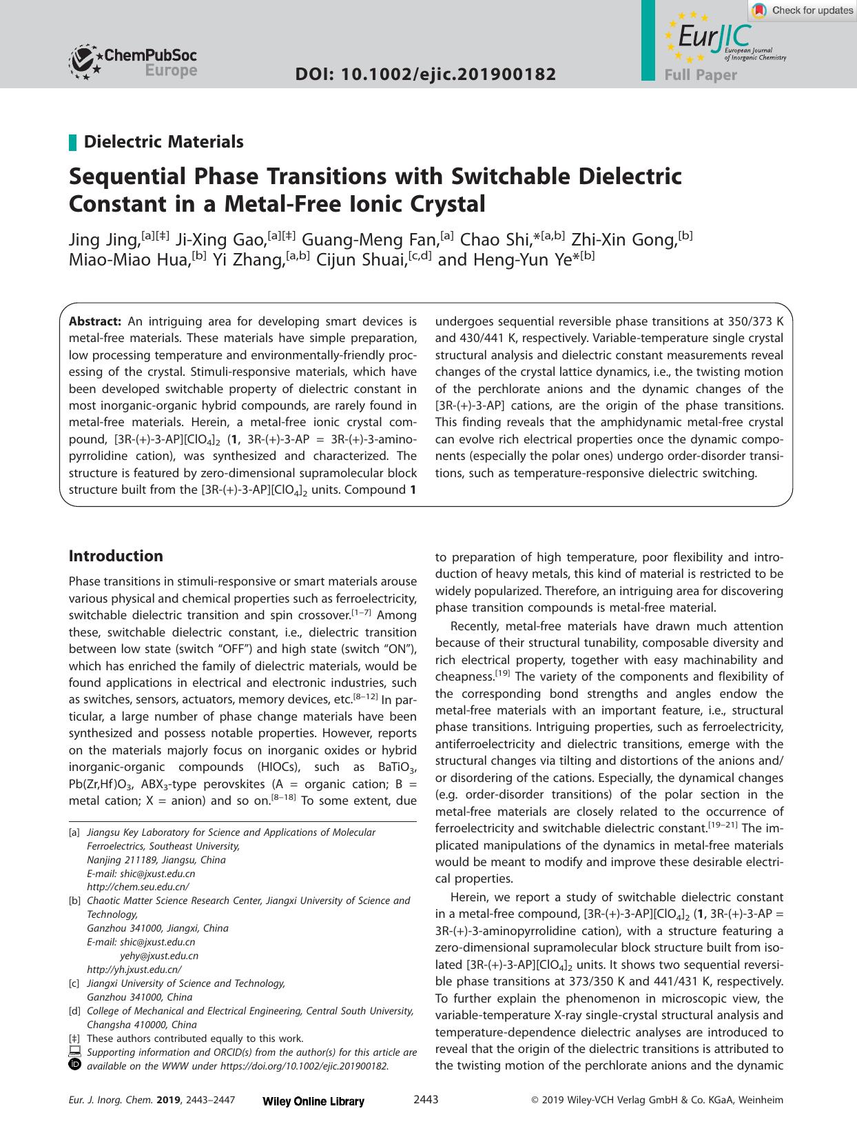 Sequential Phase Transitions with Switchable Dielectric Constant in a MetalâFree Ionic Crystal by Unknown