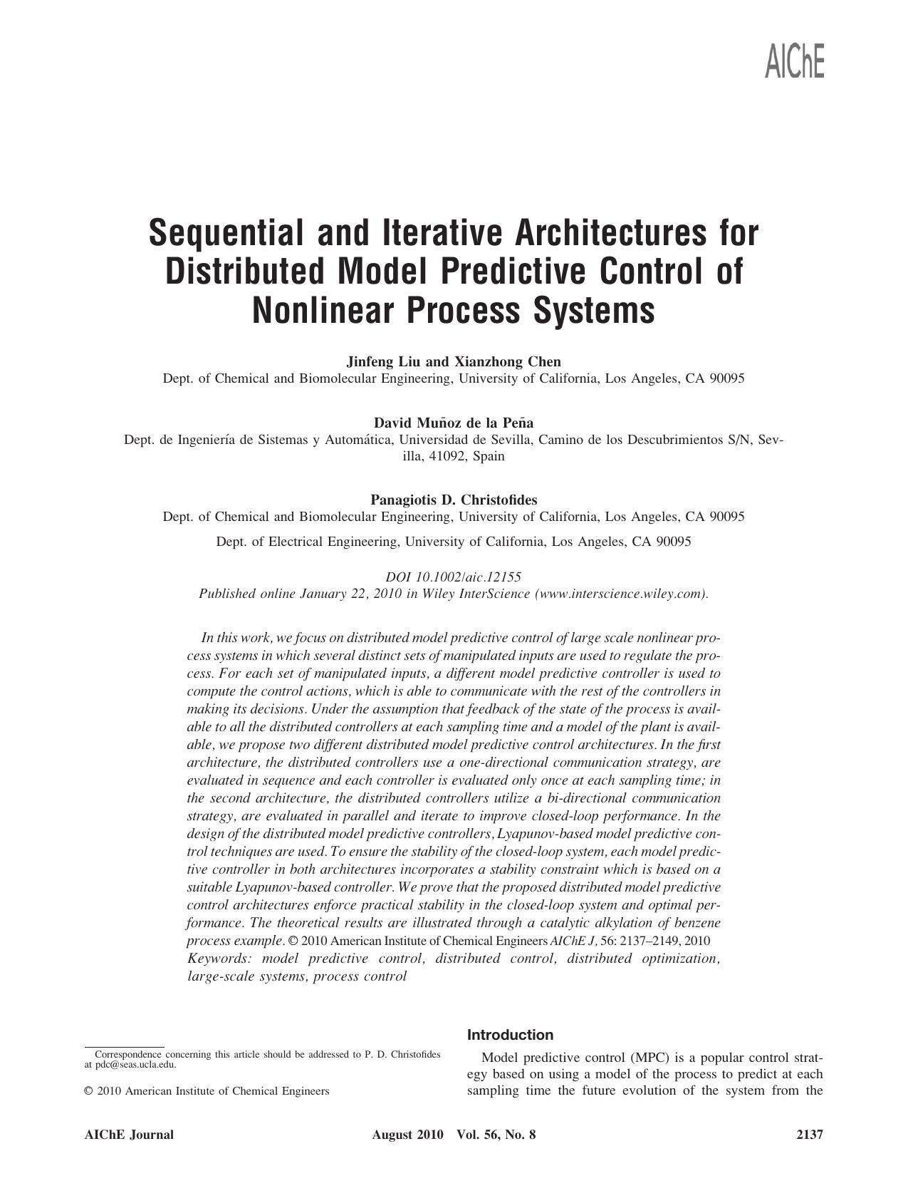 Sequential and iterative architectures for distributed model predictive control of nonlinear process systems by Unknown
