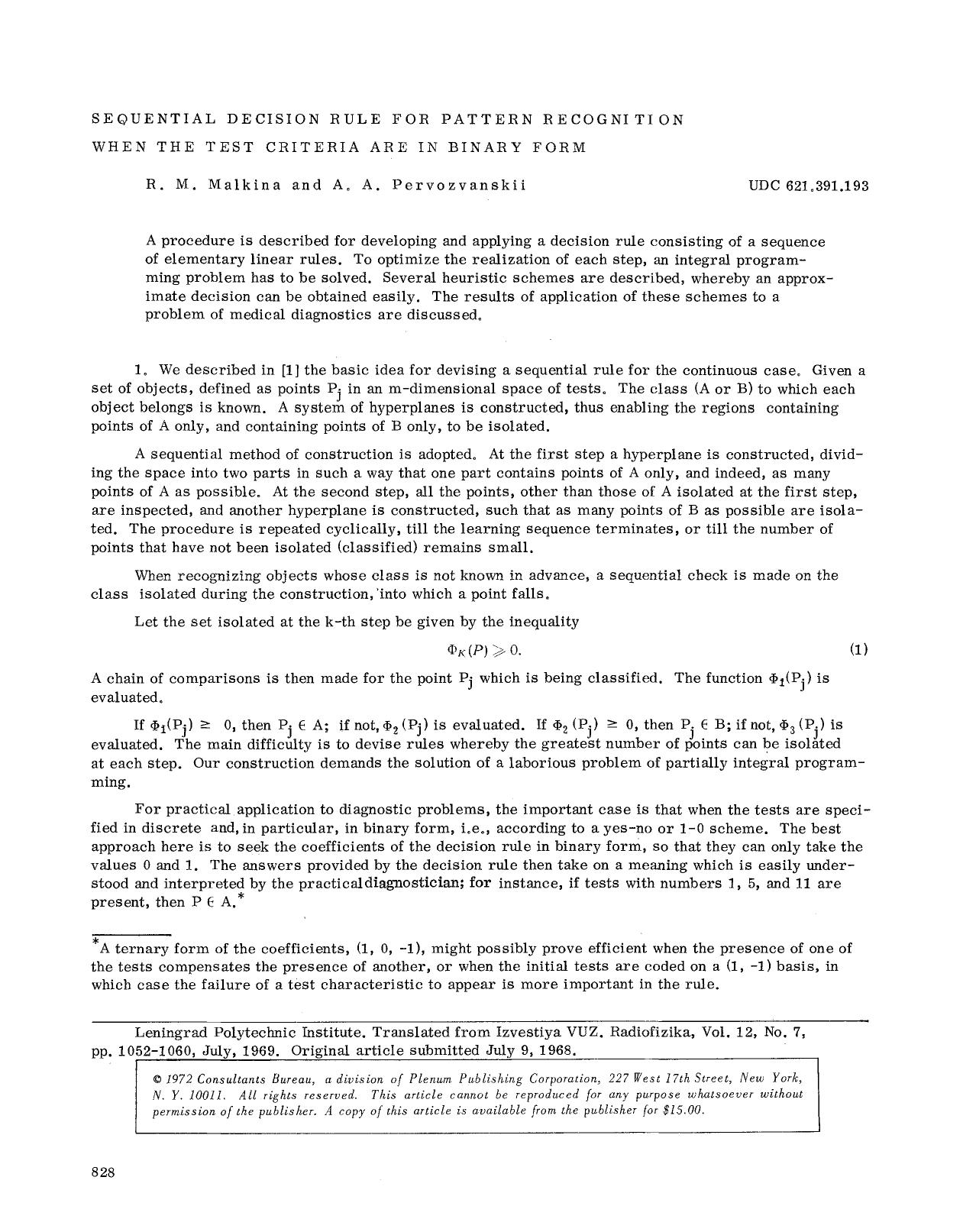Sequential decision rule for pattern recognition when the test criteria are in binary form by Unknown