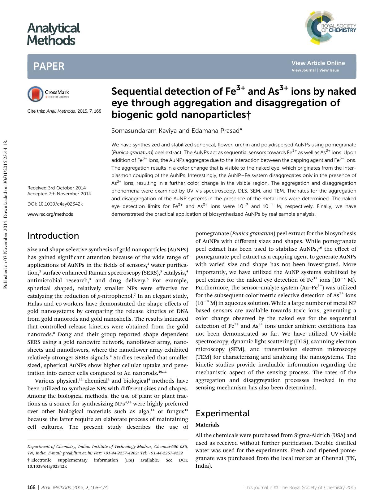 Sequential detection of Fe3&plus; and As3&plus; ions by naked eye through aggregation and disaggregation of biogenic gold nanoparticles by Somasundaram Kaviya & Edamana Prasad