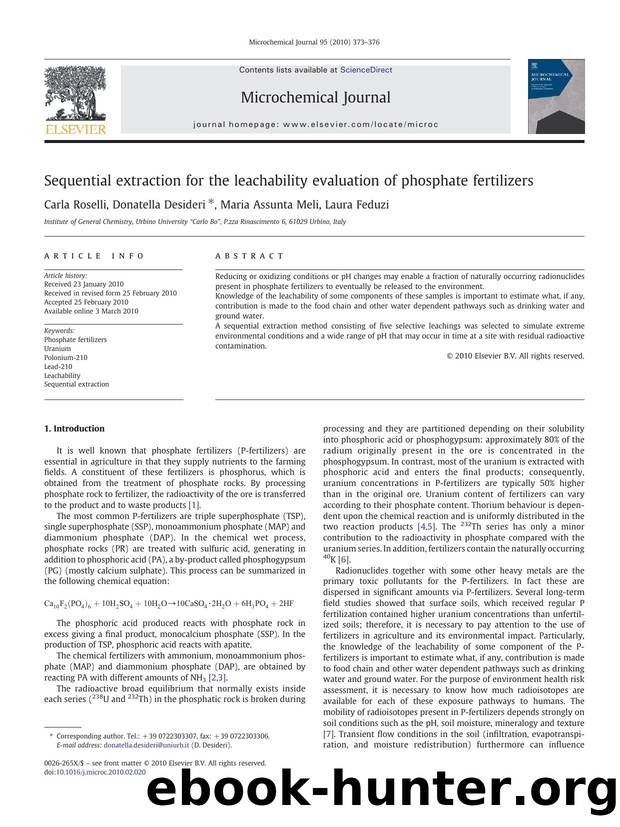 Sequential extraction for the leachability evaluation of phosphate fertilizers by Carla Roselli; Donatella Desideri; Maria Assunta Meli; Laura Feduzi