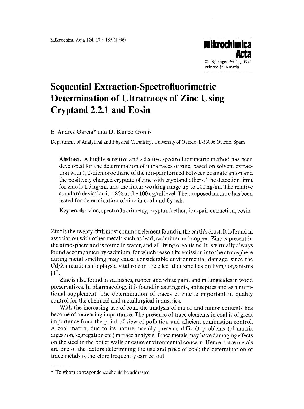 Sequential extraction-spectrofluorimetric determination of ultratraces of zinc using cryptand 2.2.1 and eosin by Unknown