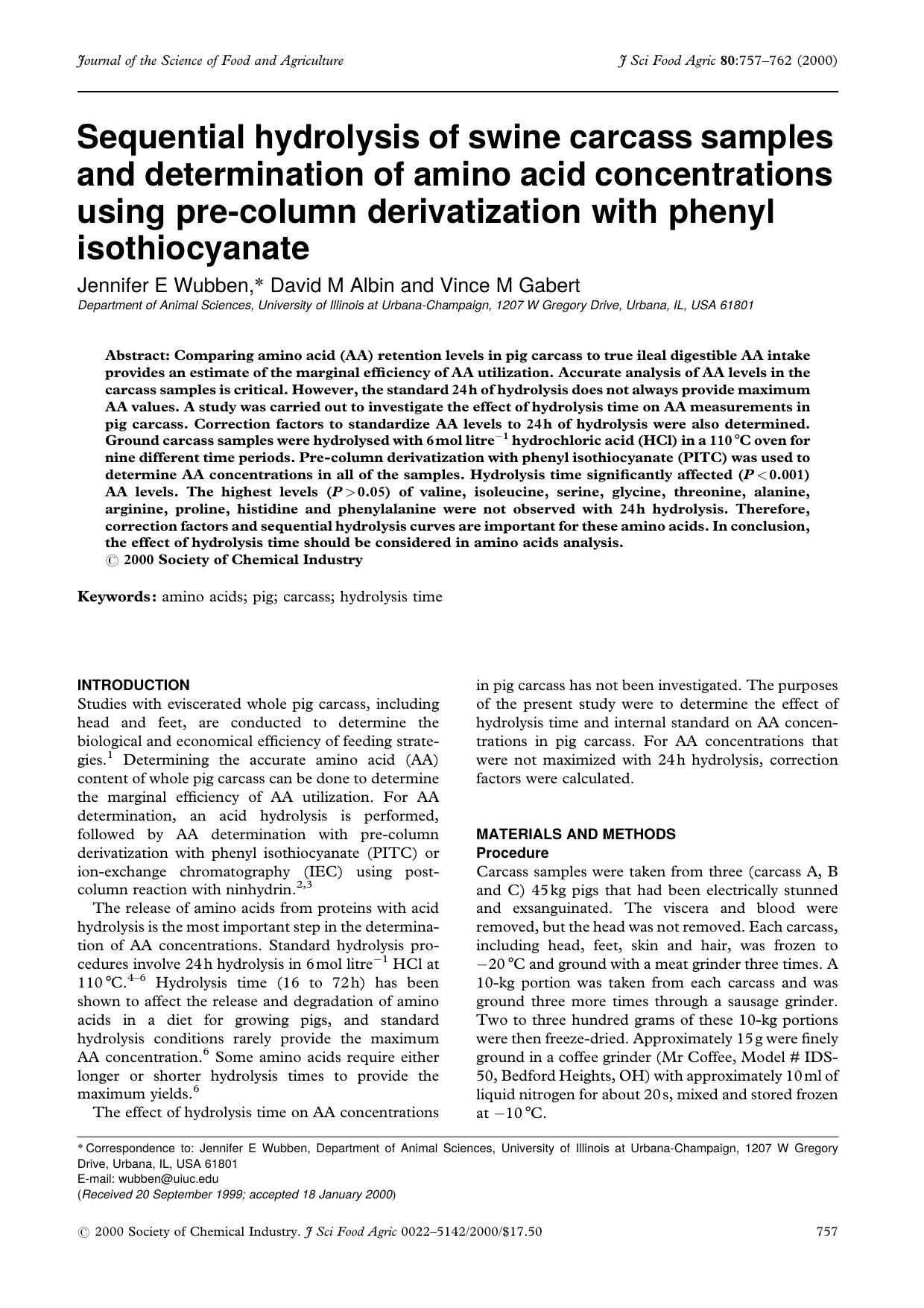 Sequential hydrolysis of swine carcass samples and determination of amino acid concentrations using pre-column derivatization with phenyl isothiocyanate by Unknown