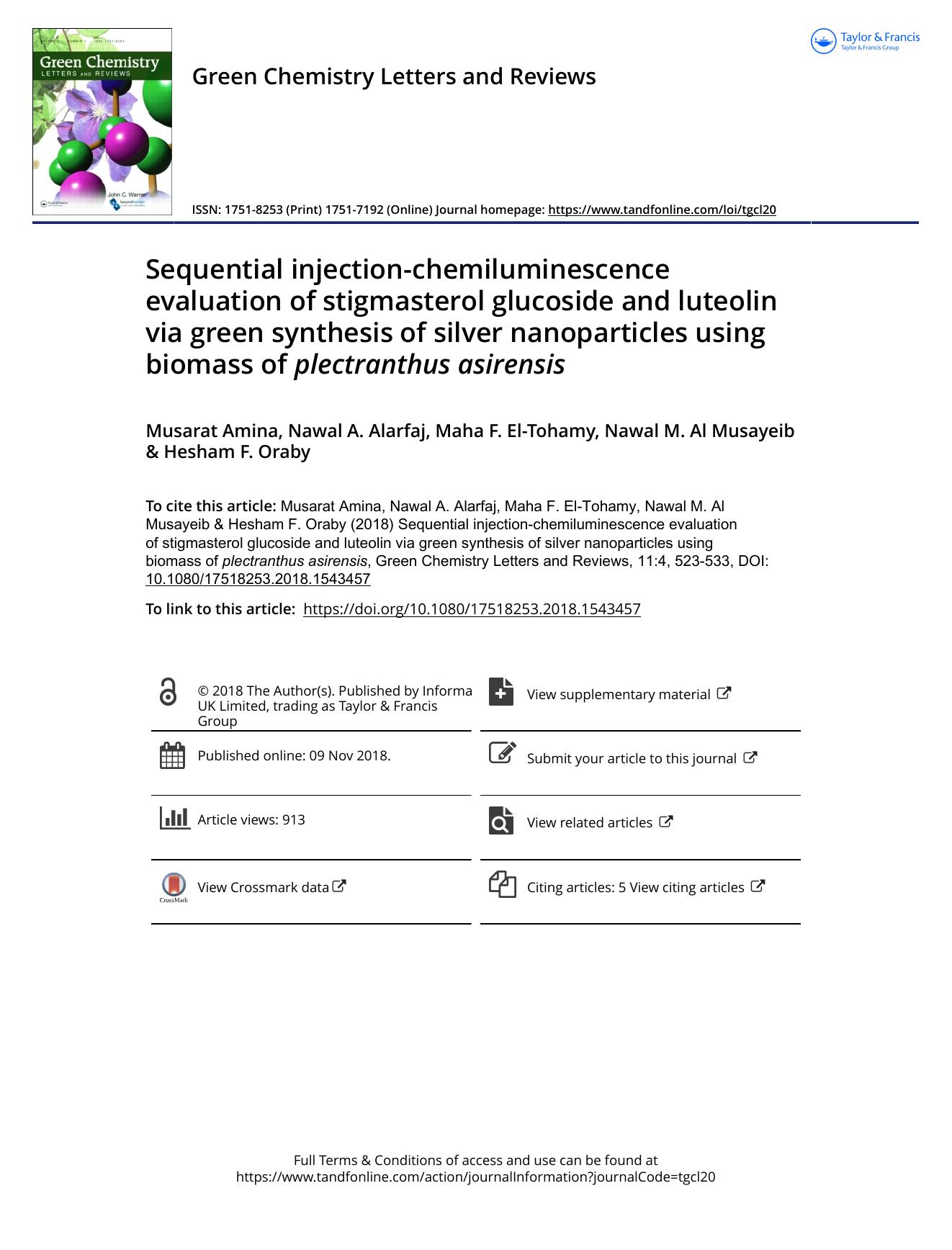 Sequential injection-chemiluminescence evaluation of stigmasterol glucoside and luteolin via green synthesis of silver nanoparticles using biomass of plectranthus asirensis by Unknown