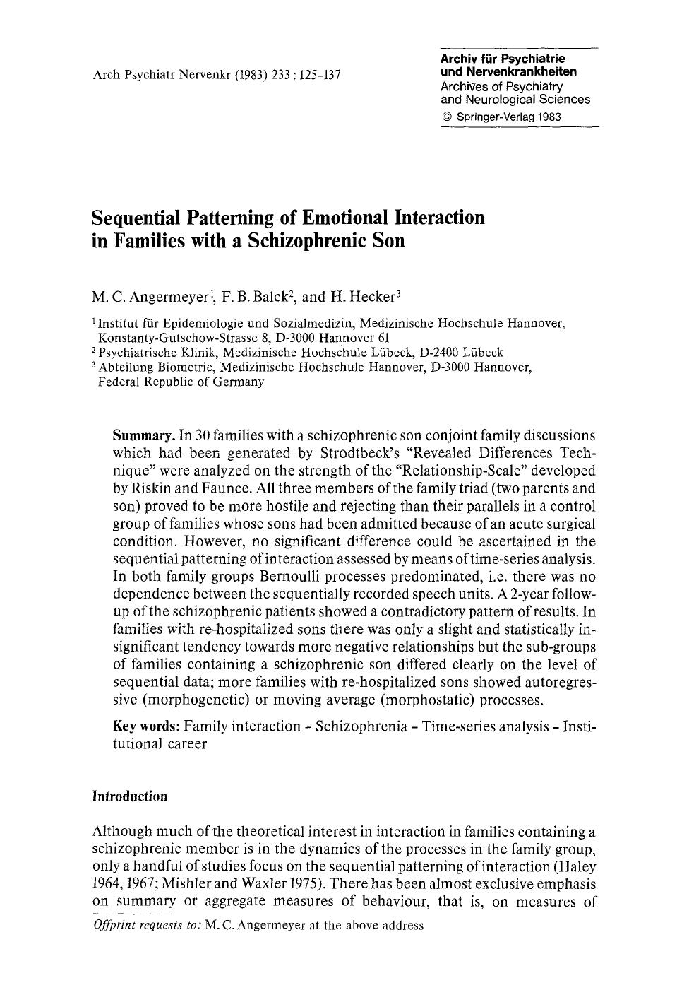 Sequential patterning of emotional interaction in families with a schizophrenic son by Unknown