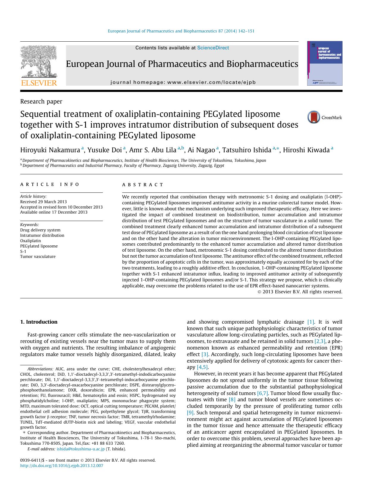 Sequential treatment of oxaliplatin-containing PEGylated liposome together with S-1 improves intratumor distribution of subsequent doses of oxaliplatin-containing PEGylated liposome by Hiroyuki Nakamura & Yusuke Doi & Amr S. Abu Lila & Ai Nagao & Tatsuhiro Ishida & Hiroshi Kiwada