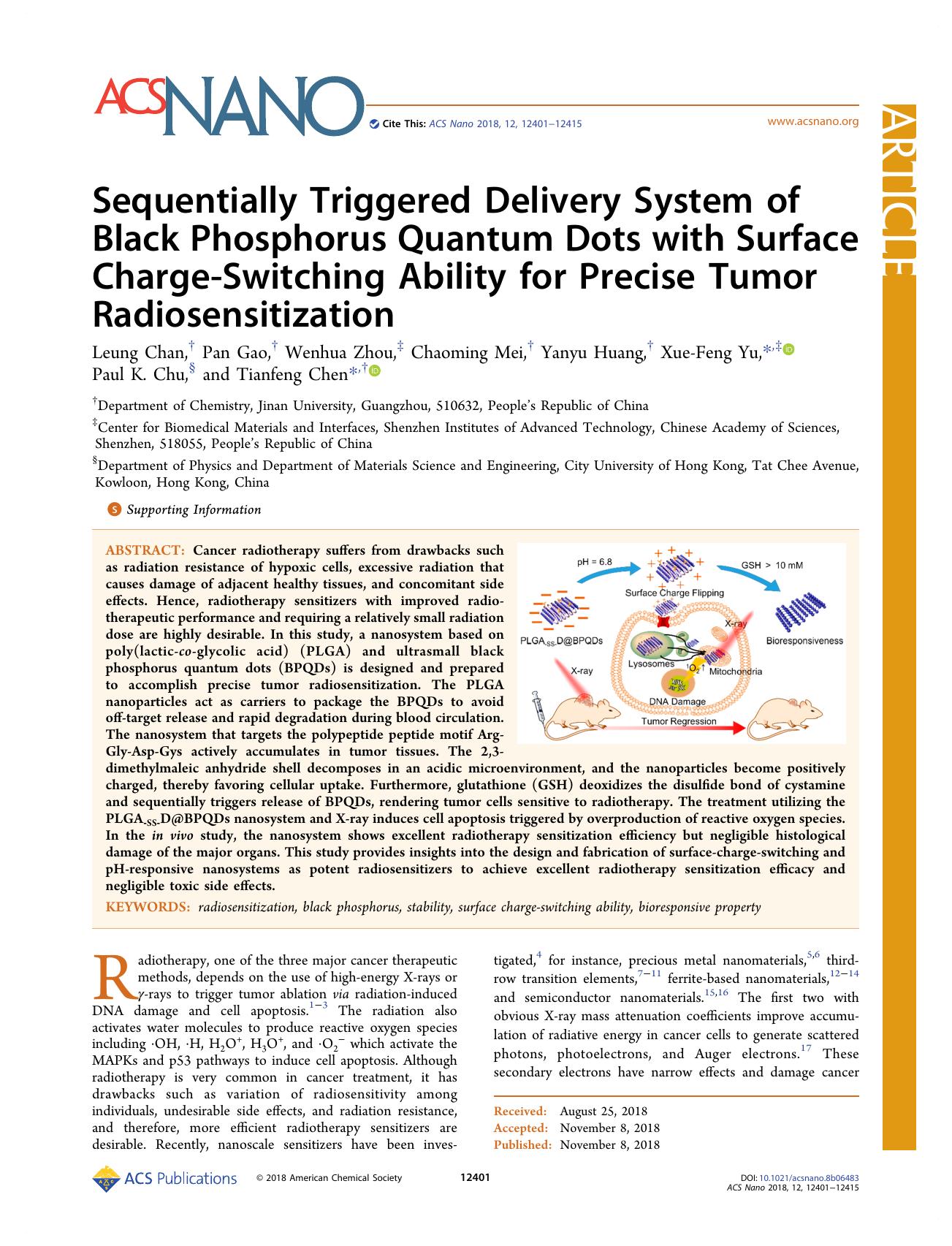 Sequentially Triggered Delivery System of Black Phosphorus Quantum Dots with Surface Charge-Switching Ability for Precise Tumor Radiosensitization by unknow