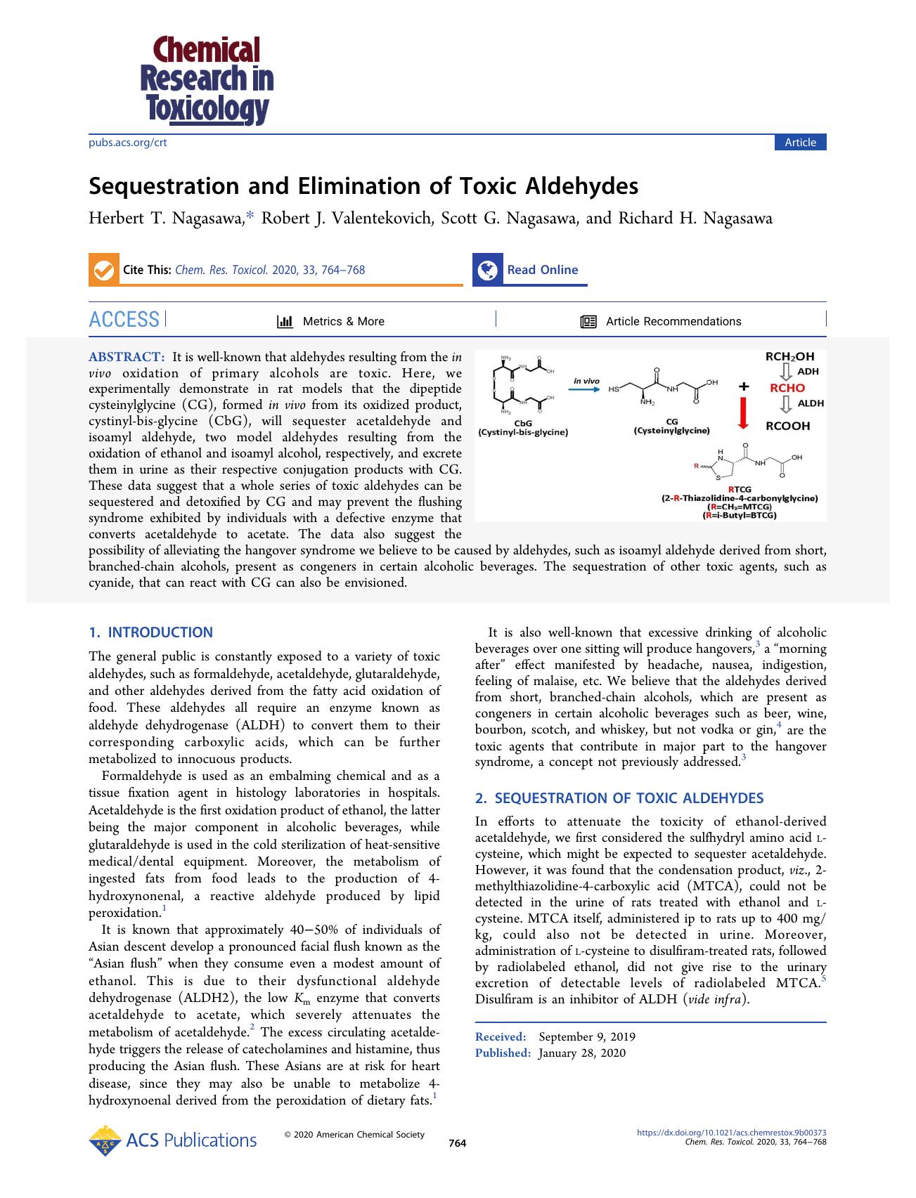 Sequestration and Elimination of Toxic Aldehydes by Herbert T. Nagasawa Robert J. Valentekovich Scott G. Nagasawa and Richard H. Nagasawa