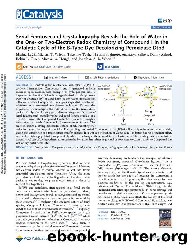 Serial Femtosecond Crystallography Reveals the Role of Water in the One- or Two-Electron Redox Chemistry of Compound I in the Catalytic Cycle of the B-Type Dye-Decolorizing Peroxidase DtpB by unknow