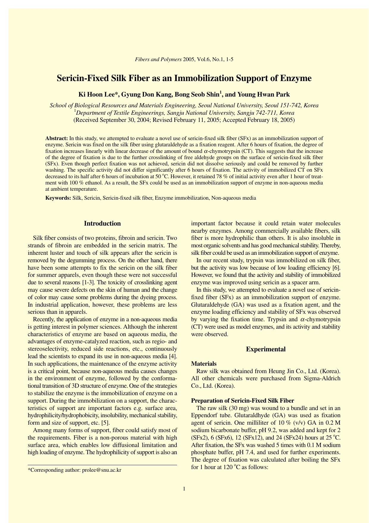 Sericin-fixed filk fiber as an immobilization support of enzyme by Unknown