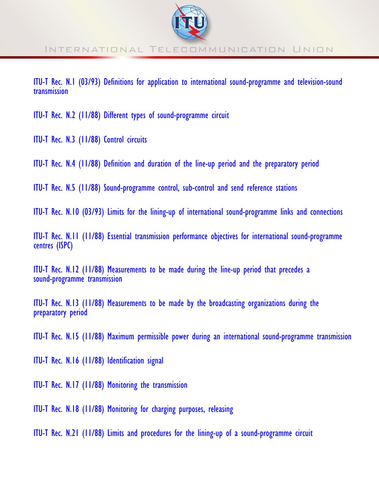 Series N Menu - Maintenance: international sound programme and television transmission circuits by International Telecommunication Union