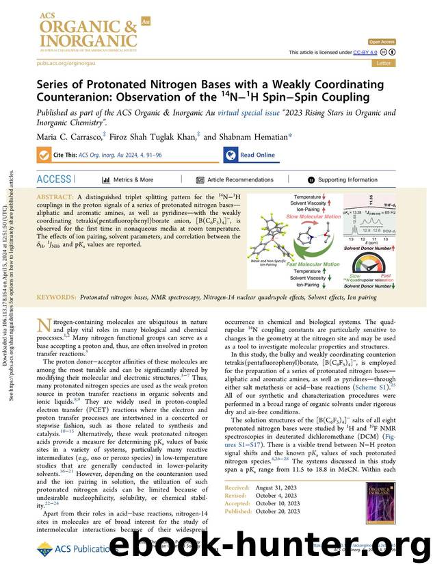 Series of Protonated Nitrogen Bases with a Weakly Coordinating Counteranion: Observation of the 14Nâ1H SpinâSpin Coupling by Maria C. Carrasco Firoz Shah Tuglak Khan & Shabnam Hematian
