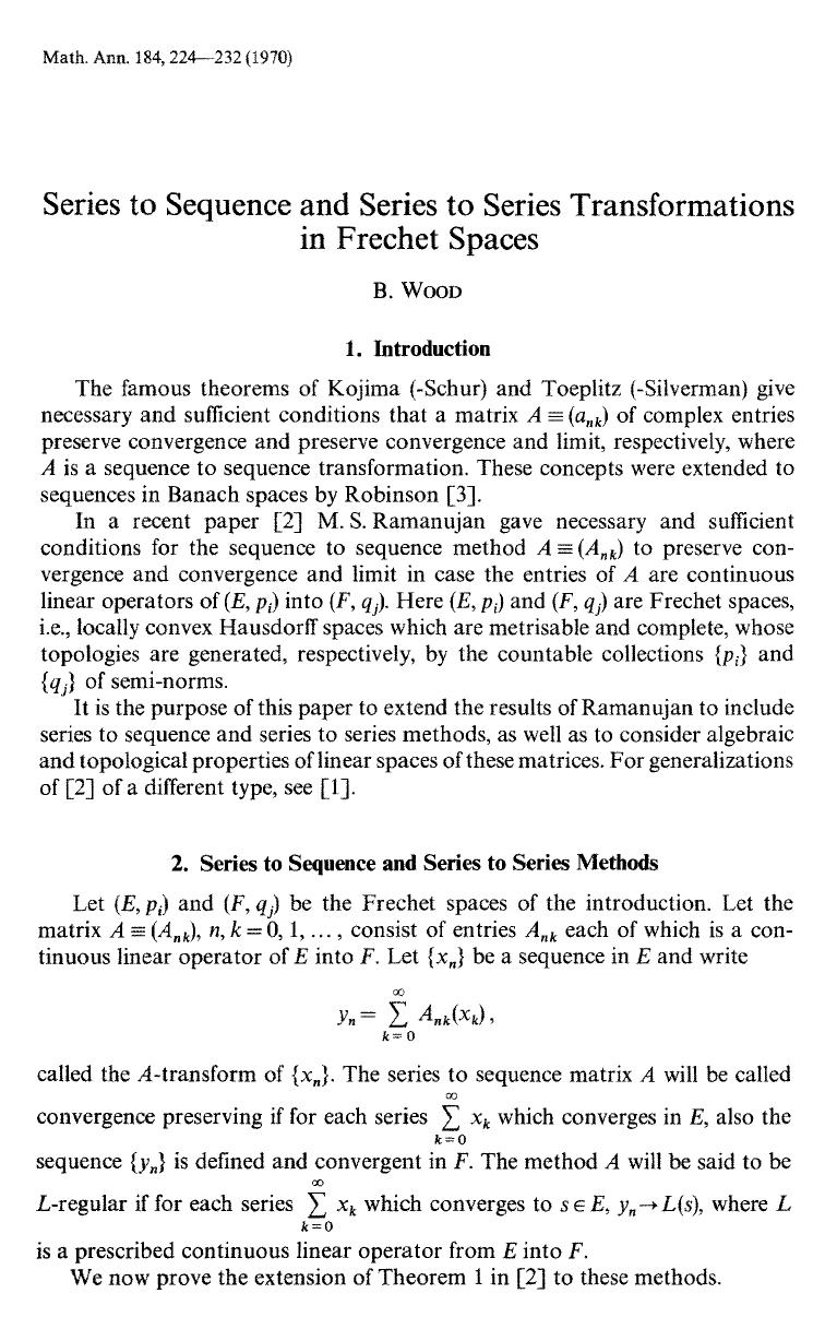 Series to sequence and series to series transformations in Frechet spaces by Unknown