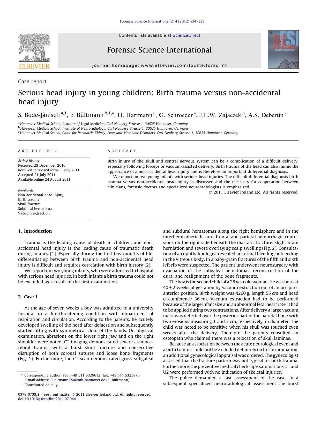 Serious head injury in young children: Birth trauma versus non-accidental head injury by S. Bode-Jänisch