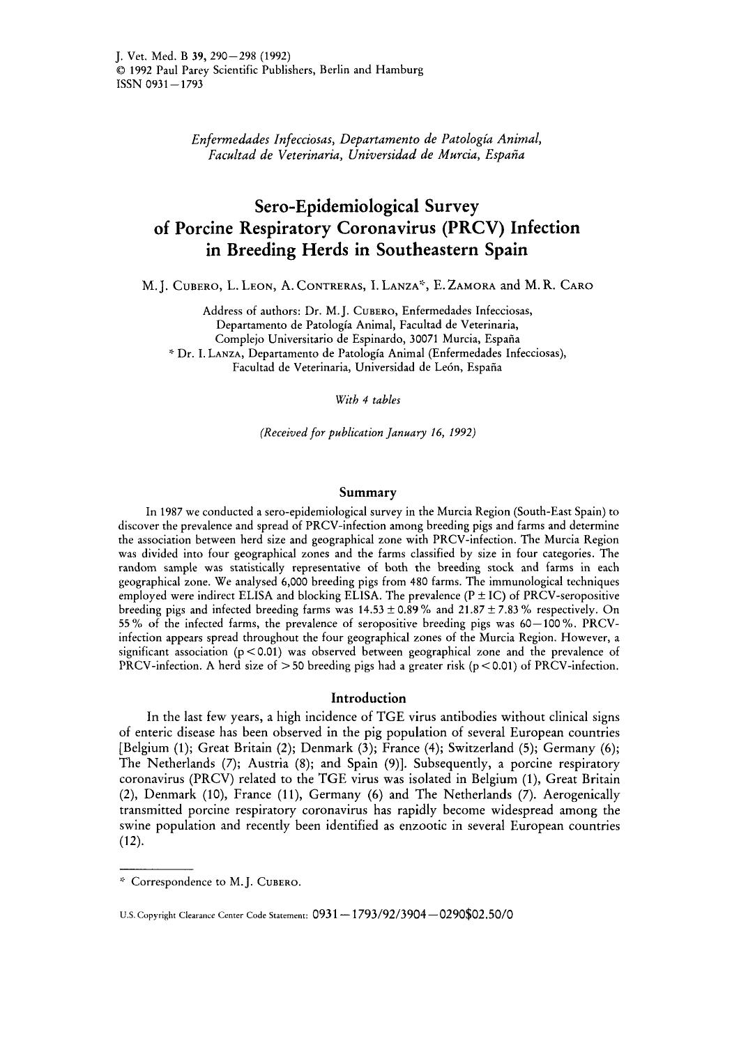 SeroEpidemiological Survey of Porcine Respiratory Coronavirus (PRCV) Infection in Breeding Herds in Southeastern Spain by Unknown