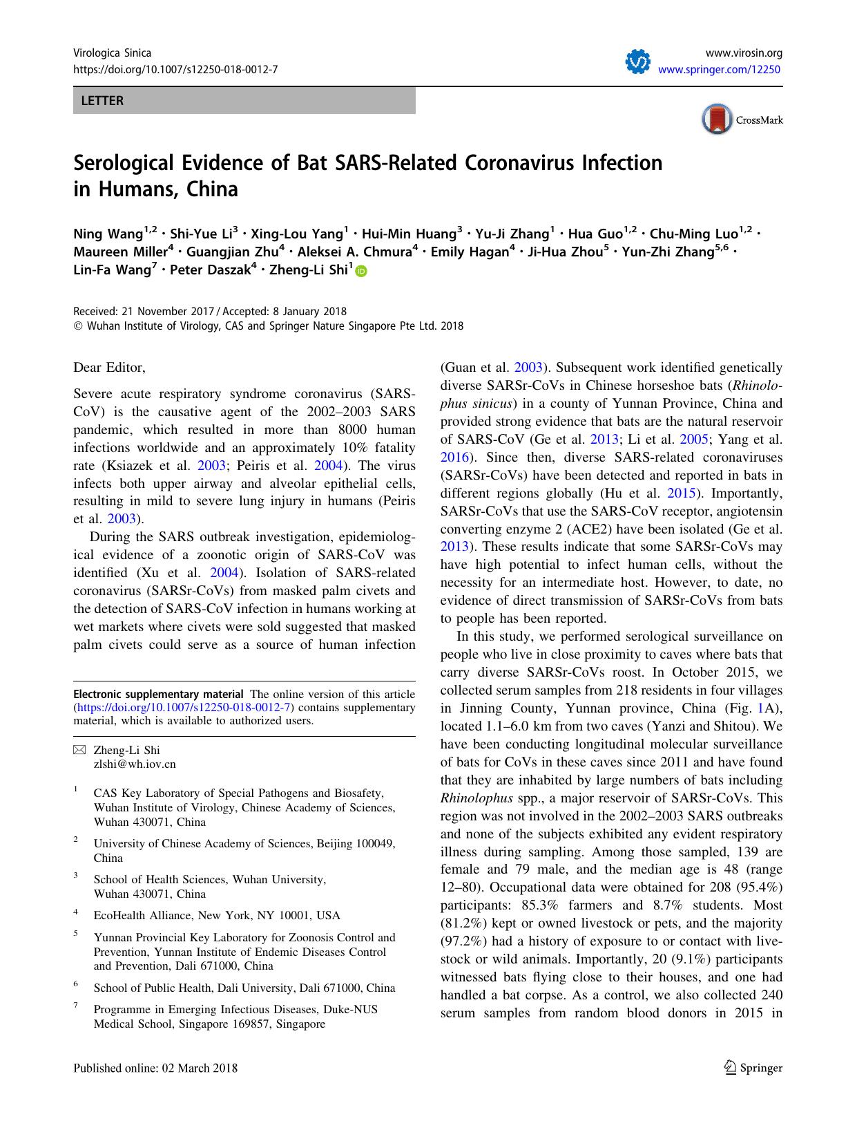 Serological Evidence of Bat SARS-Related Coronavirus Infection in Humans, China by unknow