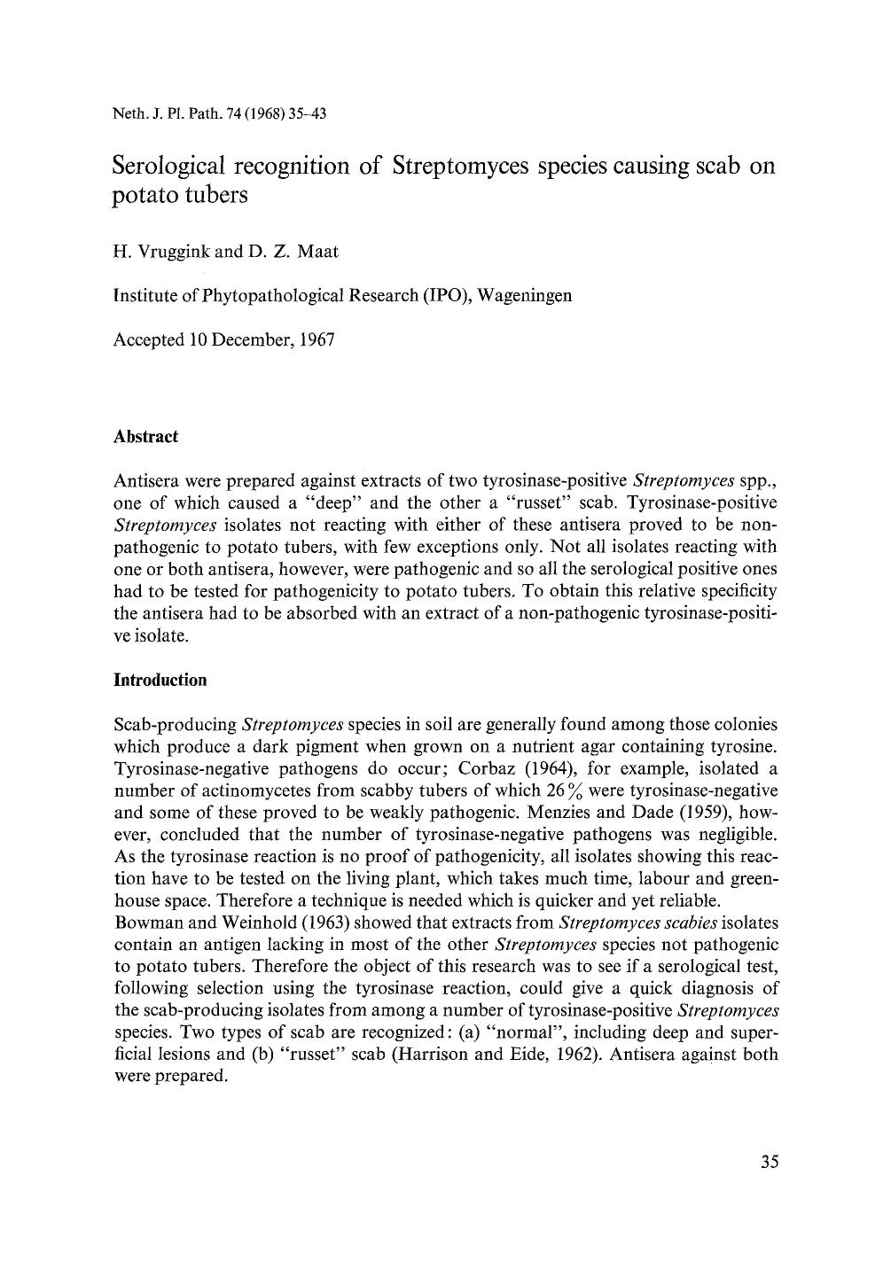 Serological recognition of Streptomyces species causing scab on potato tubers by Unknown