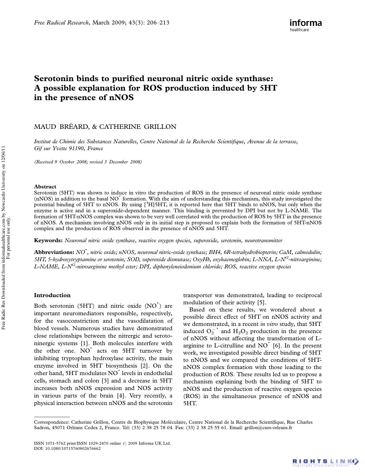 Serotonin binds to purified neuronal nitric oxide synthase: A possible explanation for ROS production induced by 5HT in the presence of nNOS by Maud Bréard1 & Catherine Grillon1†
