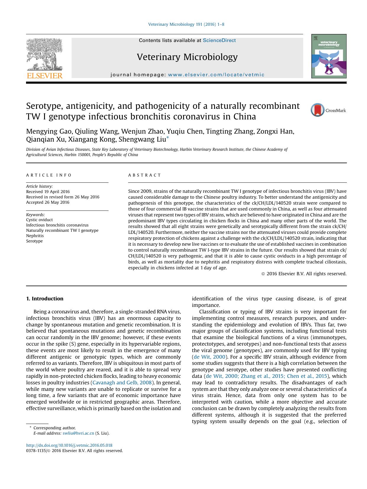 Serotype, antigenicity, and pathogenicity of a naturally recombinant TW I genotype infectious bronchitis coronavirus in China by unknow