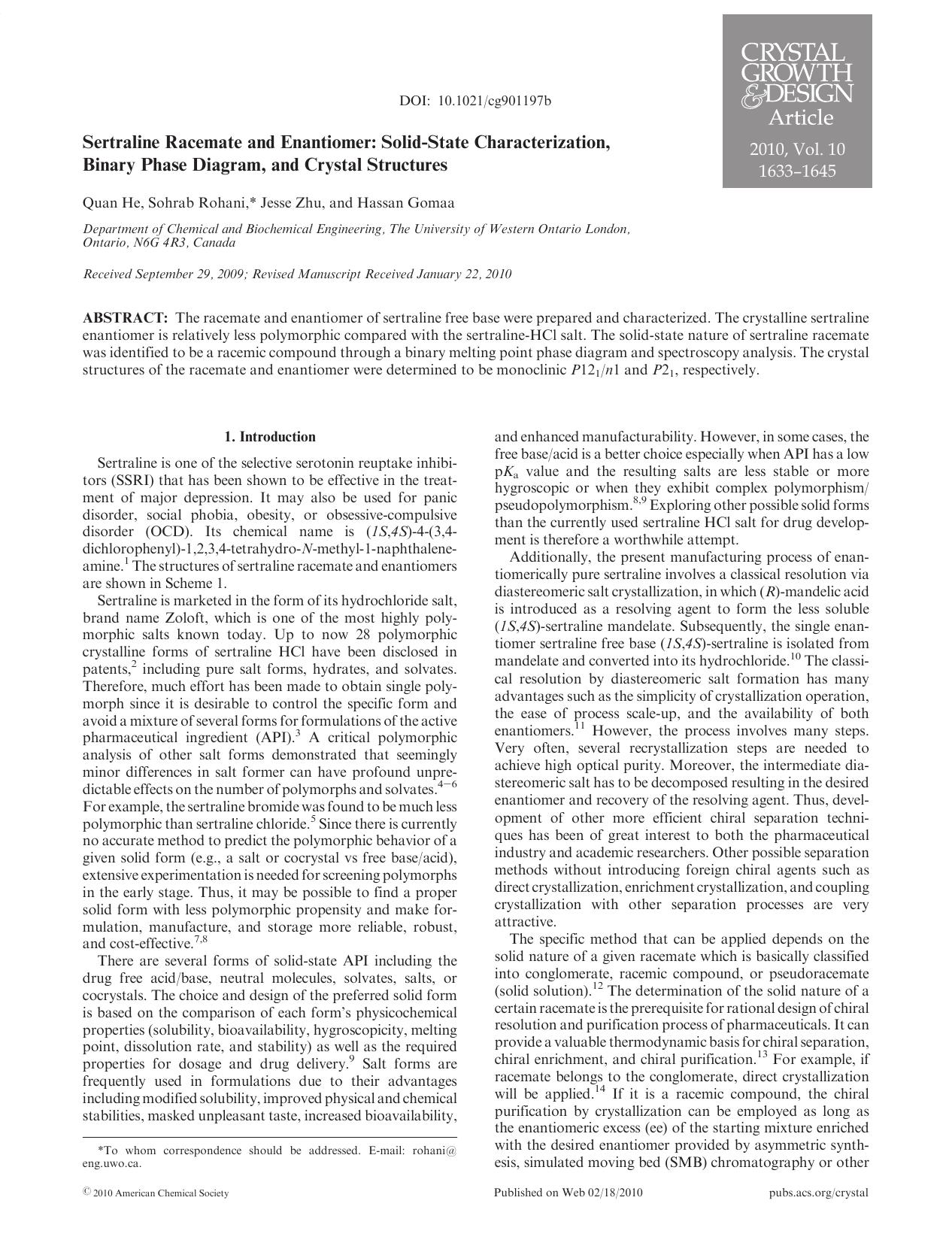 Sertraline Racemate and Enantiomer: Solid-State Characterization, Binary Phase Diagram, and Crystal Structures by Unknown