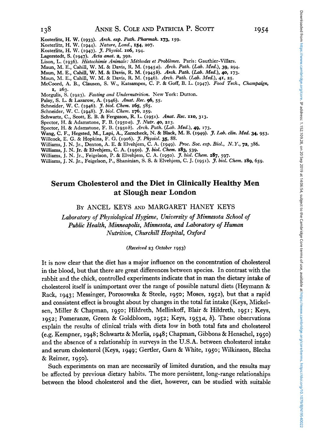 Serum Cholesterol and the Diet in Clinically Healthy Men at Slough near London by Ancel Keys Margaret Haney Keys