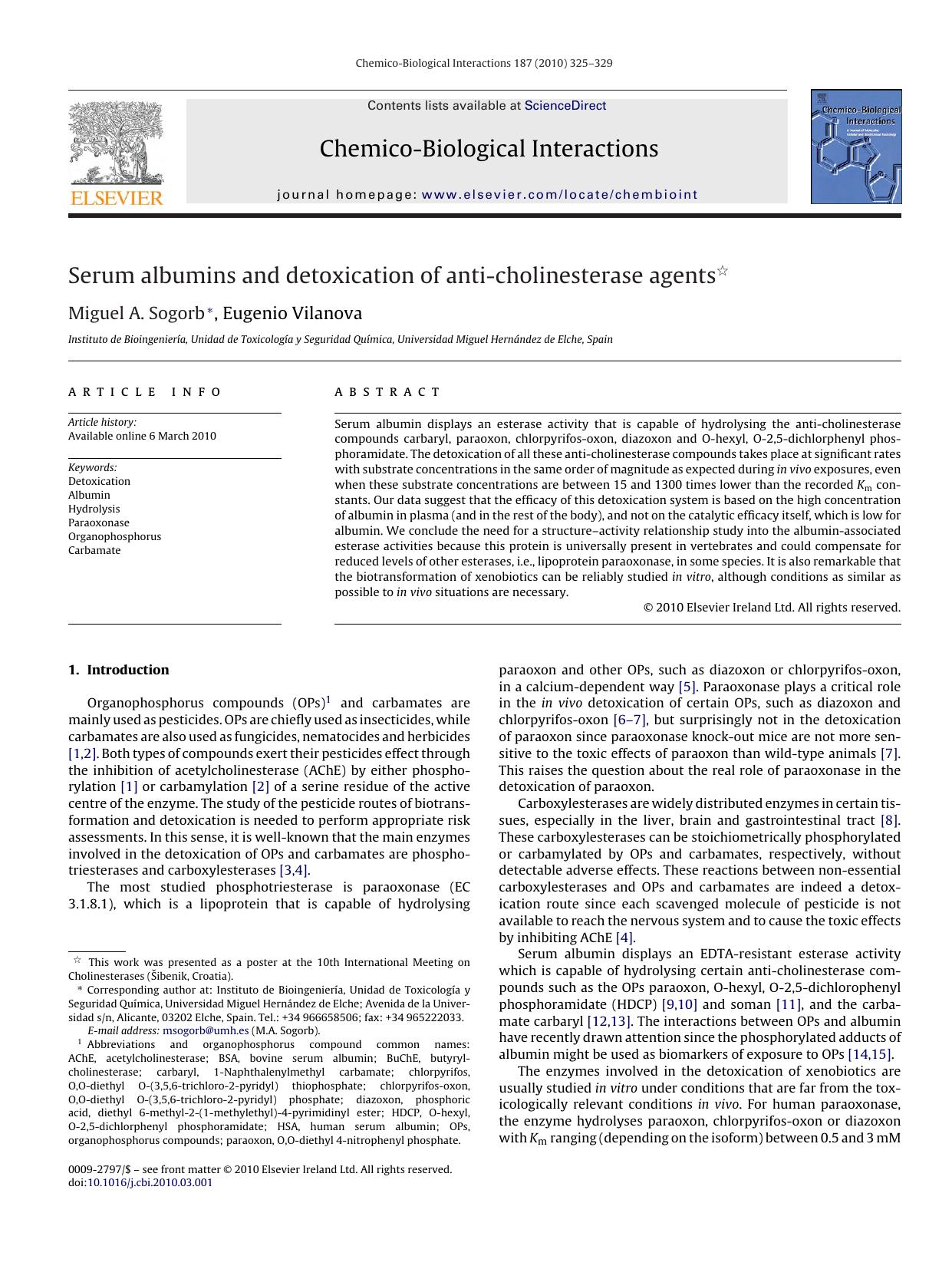 Serum albumins and detoxication of anti-cholinesterase agents by Miguel A. Sogorb