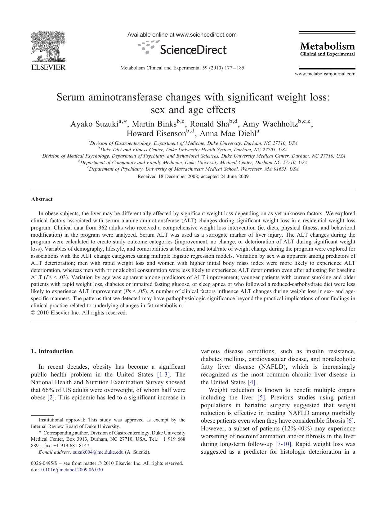 Serum aminotransferase changes with significant weight loss: sex and age effects by Ayako Suzuki; Martin Binks; Ronald Sha; Amy Wachholtz; Howard Eisenson; Anna Mae Diehl