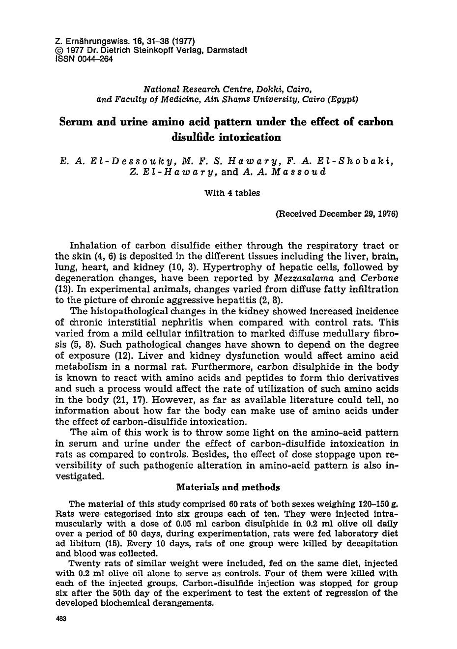 Serum and urine amino acid pattern under the effect of carbon disulfide intoxication by Unknown