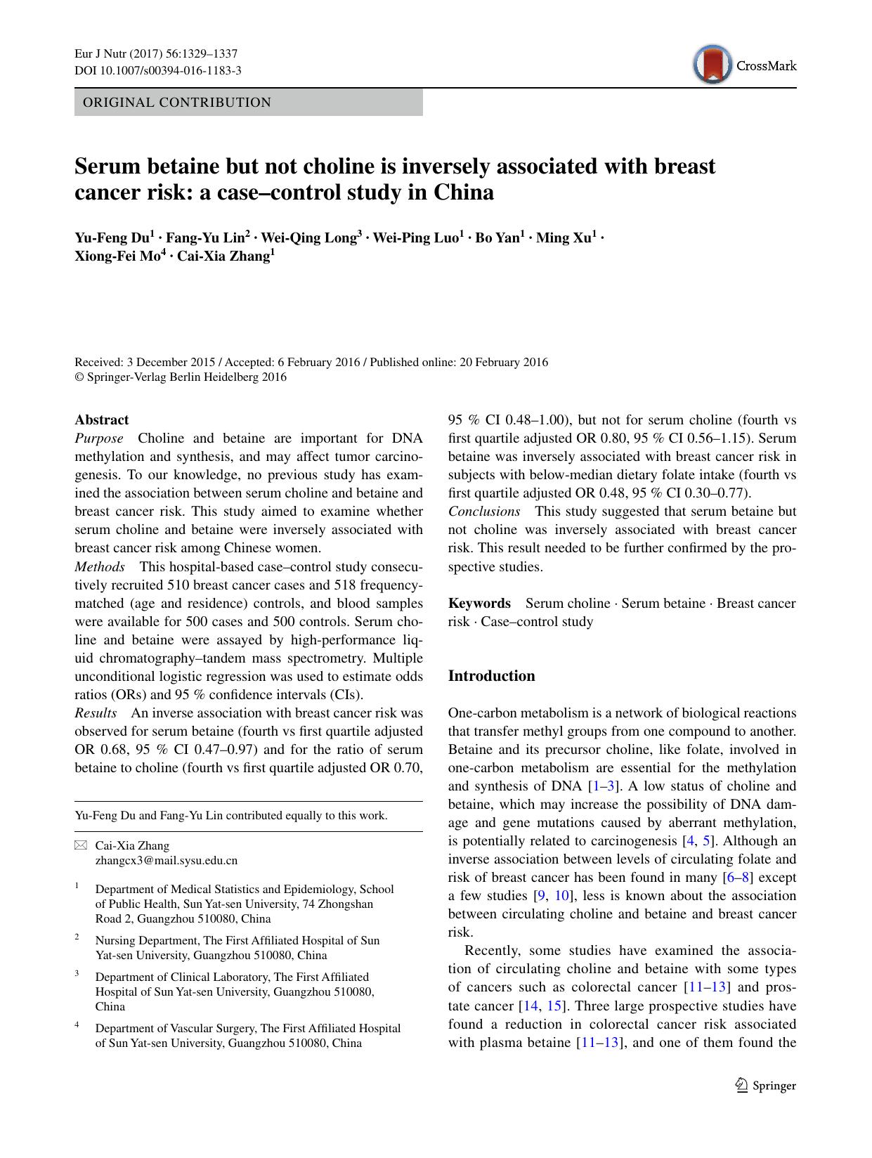 Serum betaine but not choline is inversely associated with breast cancer risk: a caseâcontrol study in China by unknow