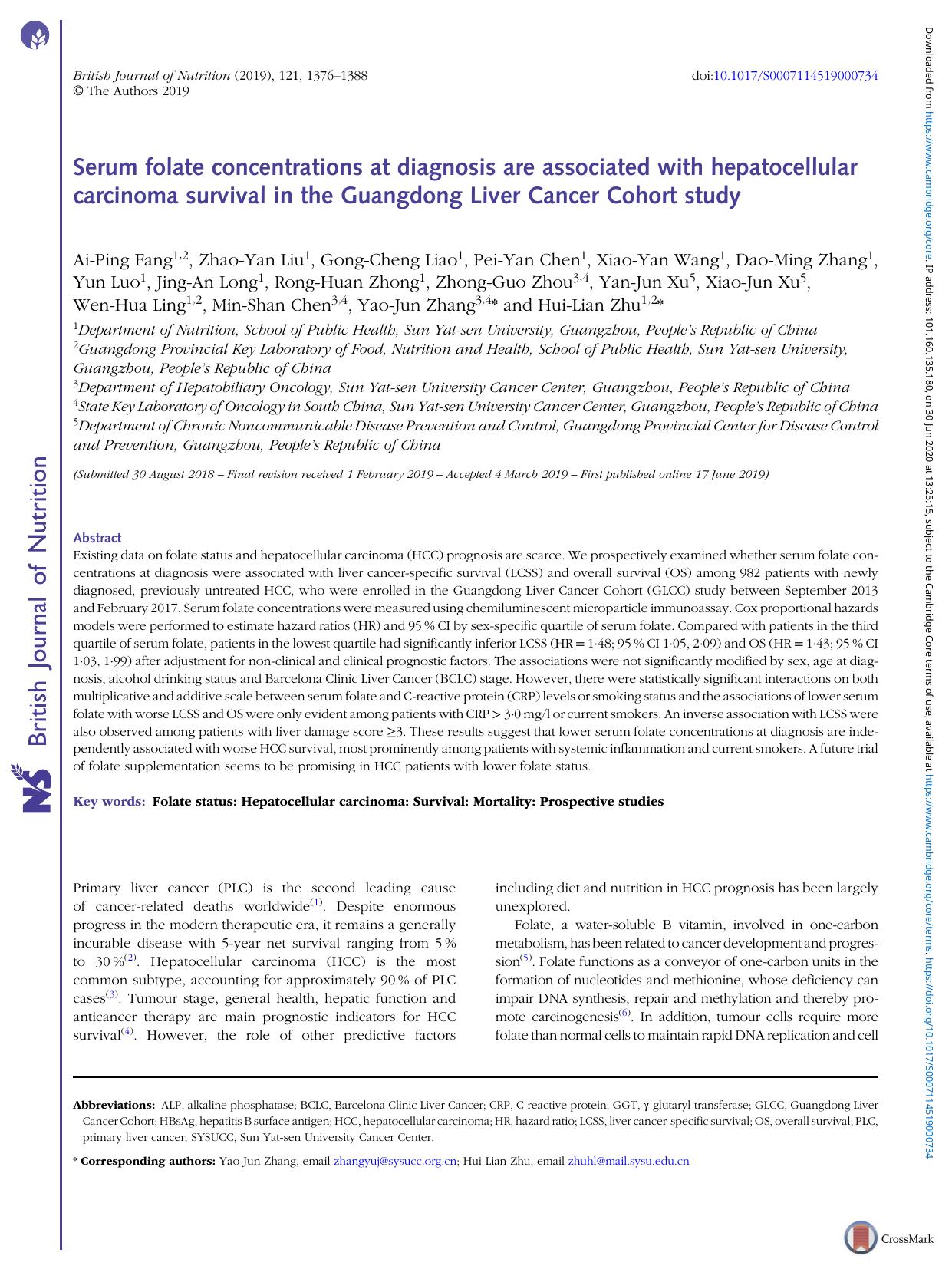 Serum folate concentrations at diagnosis are associated with hepatocellular carcinoma survival in the Guangdong Liver Cancer Cohort study by Unknown