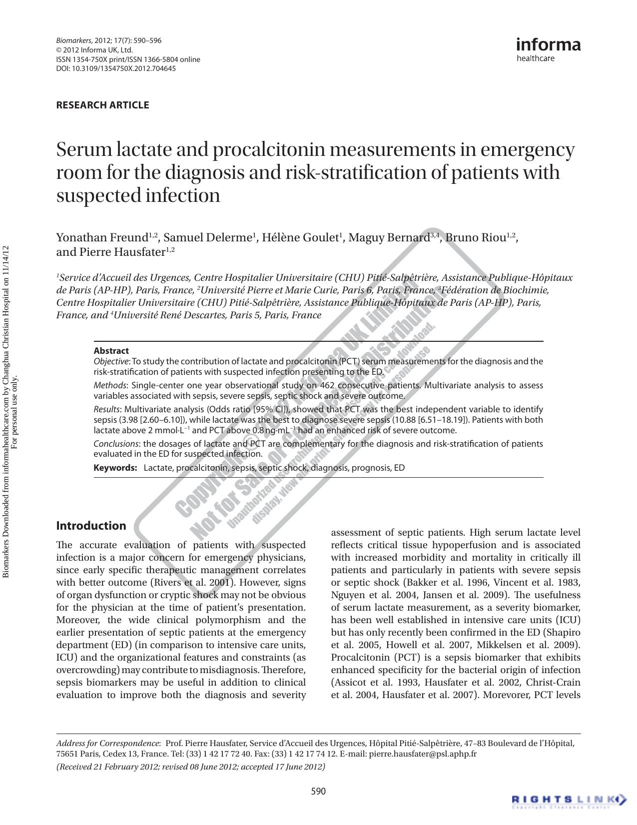 Serum lactate and procalcitonin measurements in emergency room for the diagnosis and risk-stratification of patients with suspected infection by Yonathan Freund Samuel Delerme Hélène Goulet Maguy Bernard Bruno Riou & Pierre Hausfater