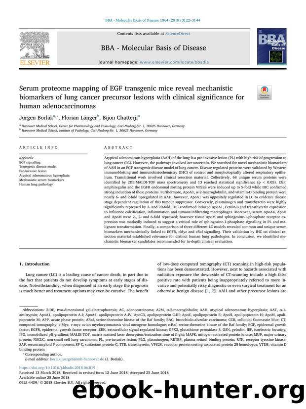Serum proteome mapping of EGF transgenic mice reveal mechanistic biomarkers of lung cancer precursor lesions with clinical significance for human adenocarcinomas by Jürgen Borlak & Florian Länger & Bijon Chatterji