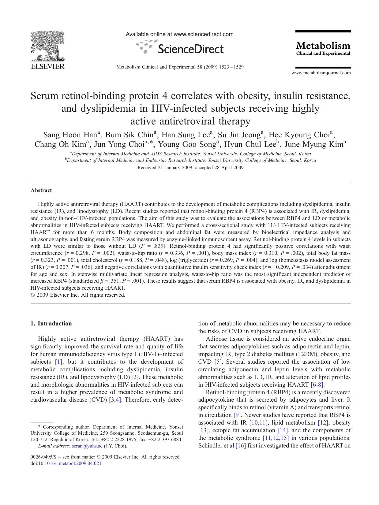 Serum retinol-binding protein 4 correlates with obesity, insulin resistance, and dyslipidemia in HIV-infected subjects receiving highly active antiretroviral therapy by unknow