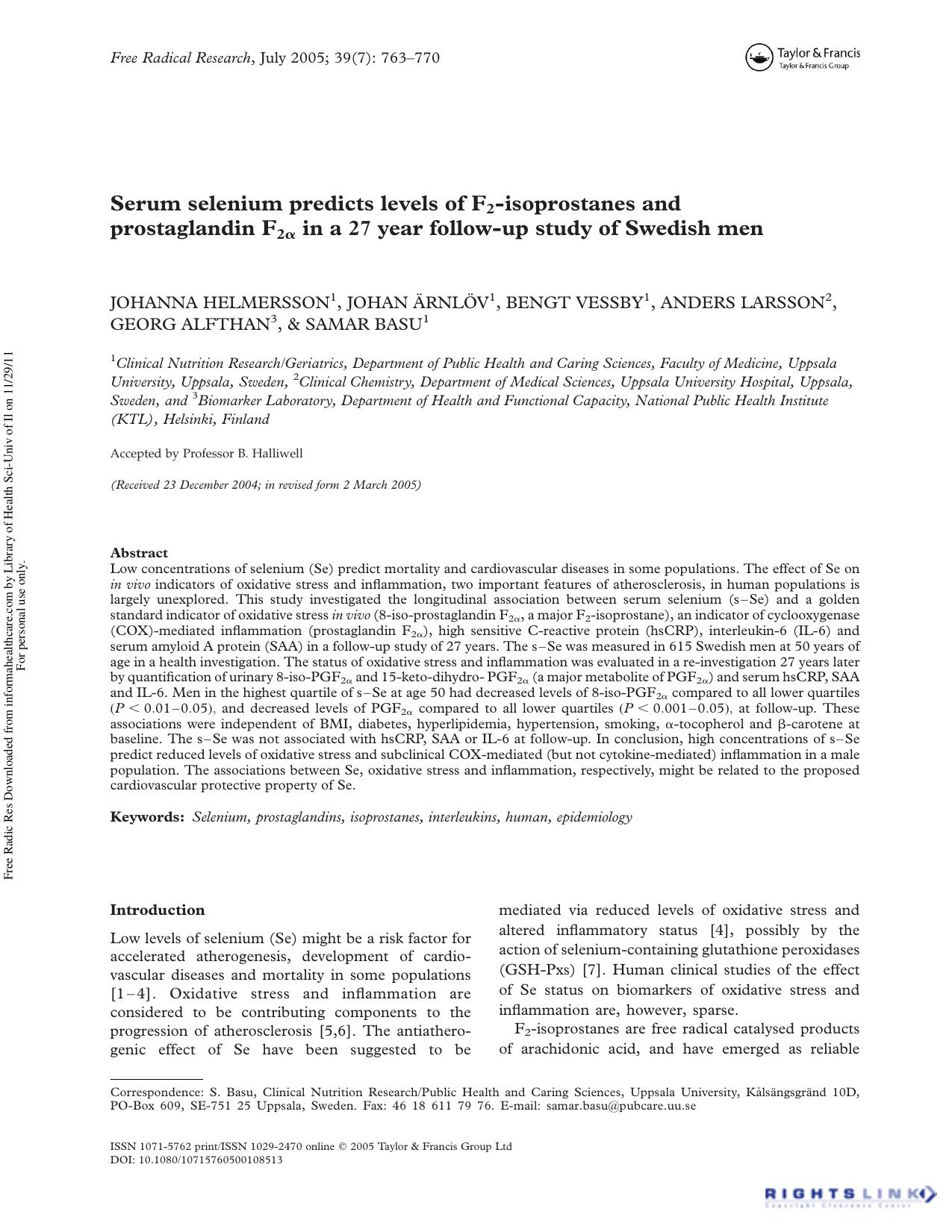 Serum selenium predicts levels of F2-isoprostanes and prostaglandin F2Î± in a 27 year follow-up study of Swedish men by unknow