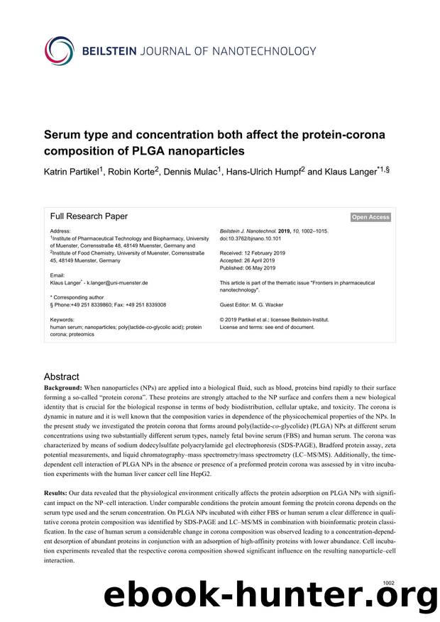 Serum type and concentration both affect the protein-corona composition of PLGA nanoparticles by Katrin Partikel Robin Korte Dennis Mulac Hans-Ulrich Humpf Klaus Langer