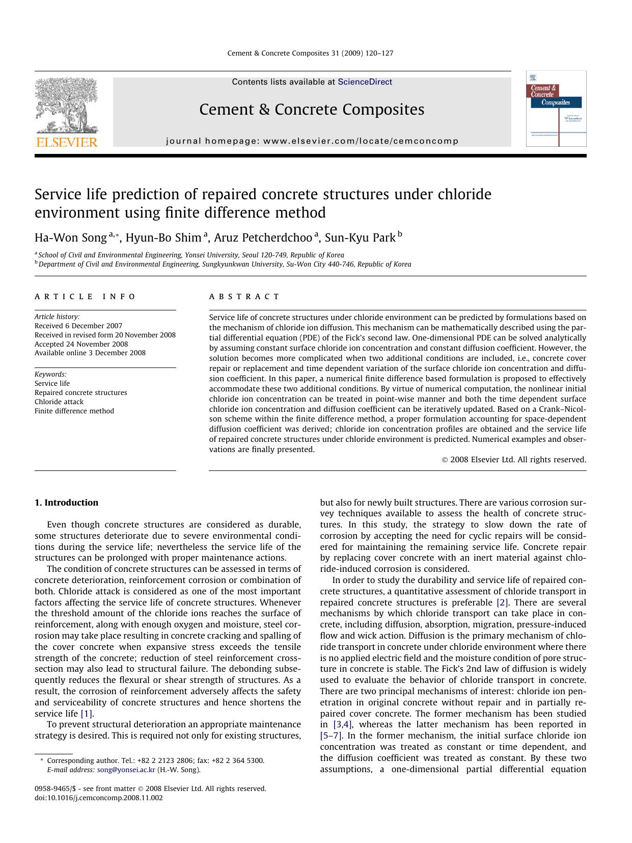 Service life prediction of repaired concrete structures under chloride environment using finite difference method by Ha-Won Song; Hyun-Bo Shim; Aruz Petcherdchoo; Sun-Kyu Park