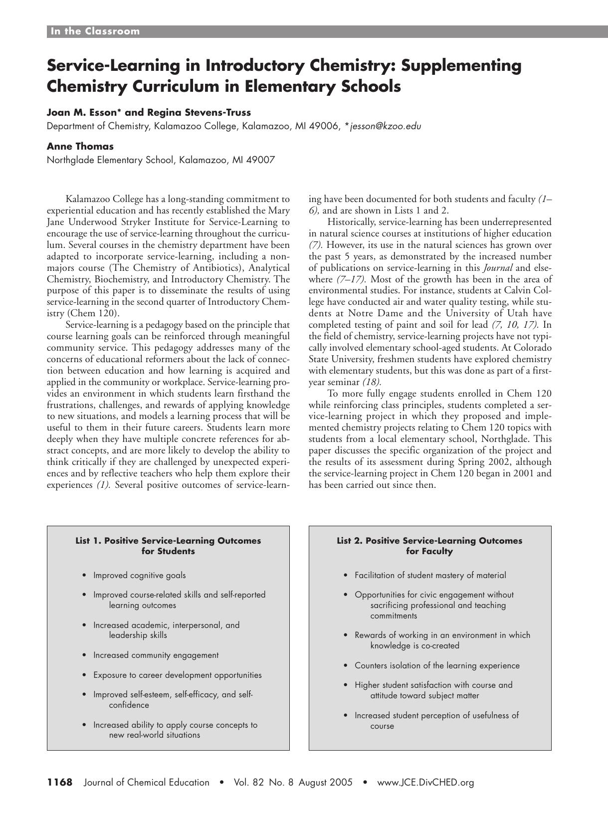 Service-Learning in Introductory Chemistry: Supplementing Chemistry Curriculum in Elementary Schools by Joan M. Esson Anne Thomas & Regina Stevens-Truss