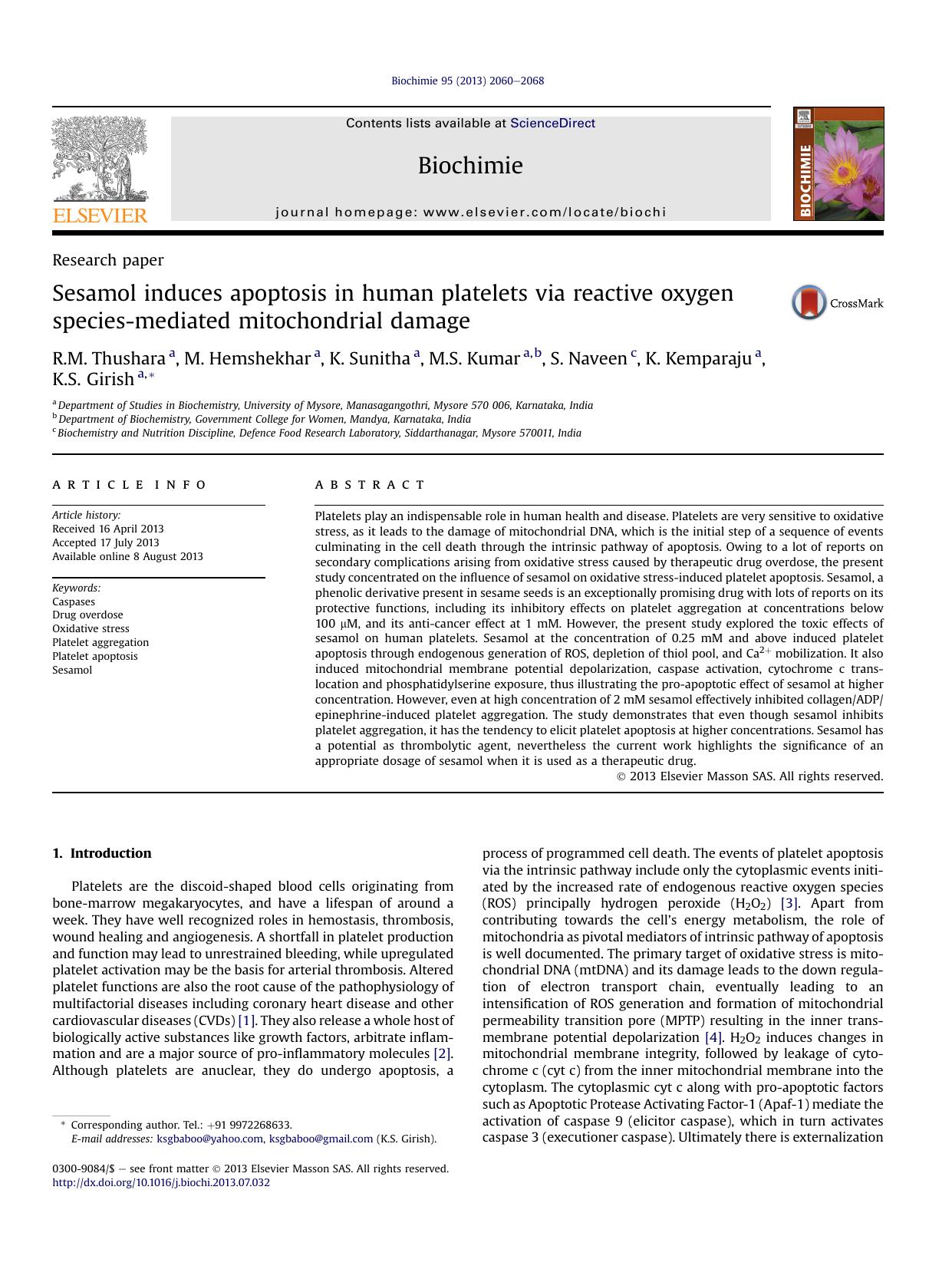 Sesamol induces apoptosis in human platelets via reactive oxygen species-mediated mitochondrial damage by R.M. Thushara & M. Hemshekhar & K. Sunitha & M.S. Kumar & S. Naveen & K. Kemparaju & K.S. Girish