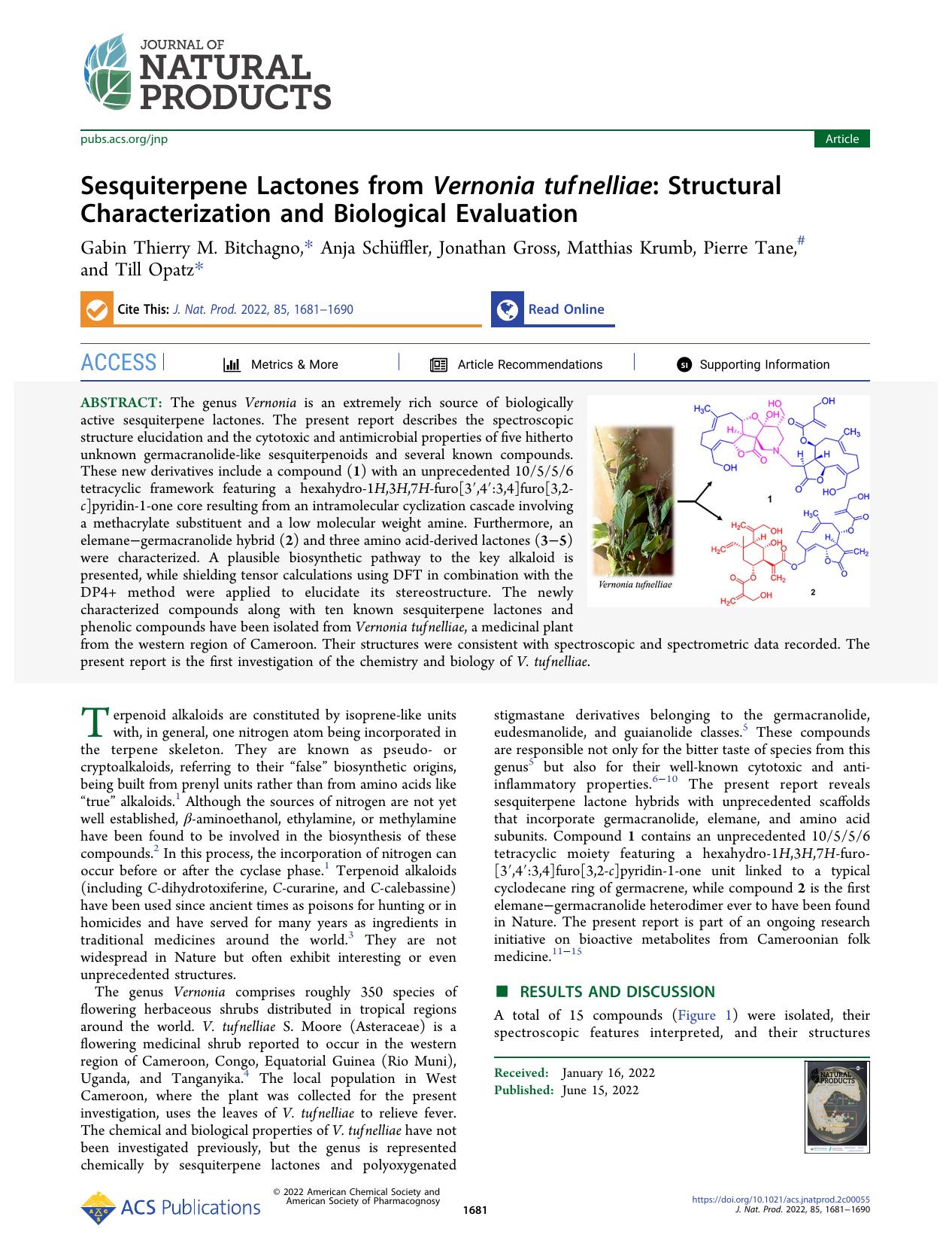Sesquiterpene Lactones from Vernonia tufnelliae: Structural Characterization and Biological Evaluation by unknow
