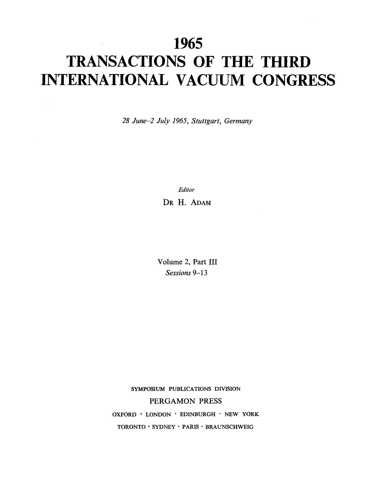 Sessions 9â13. 28 Juneâ2 July 1965, Stuttgart, Germany by H. Adam (Eds.)