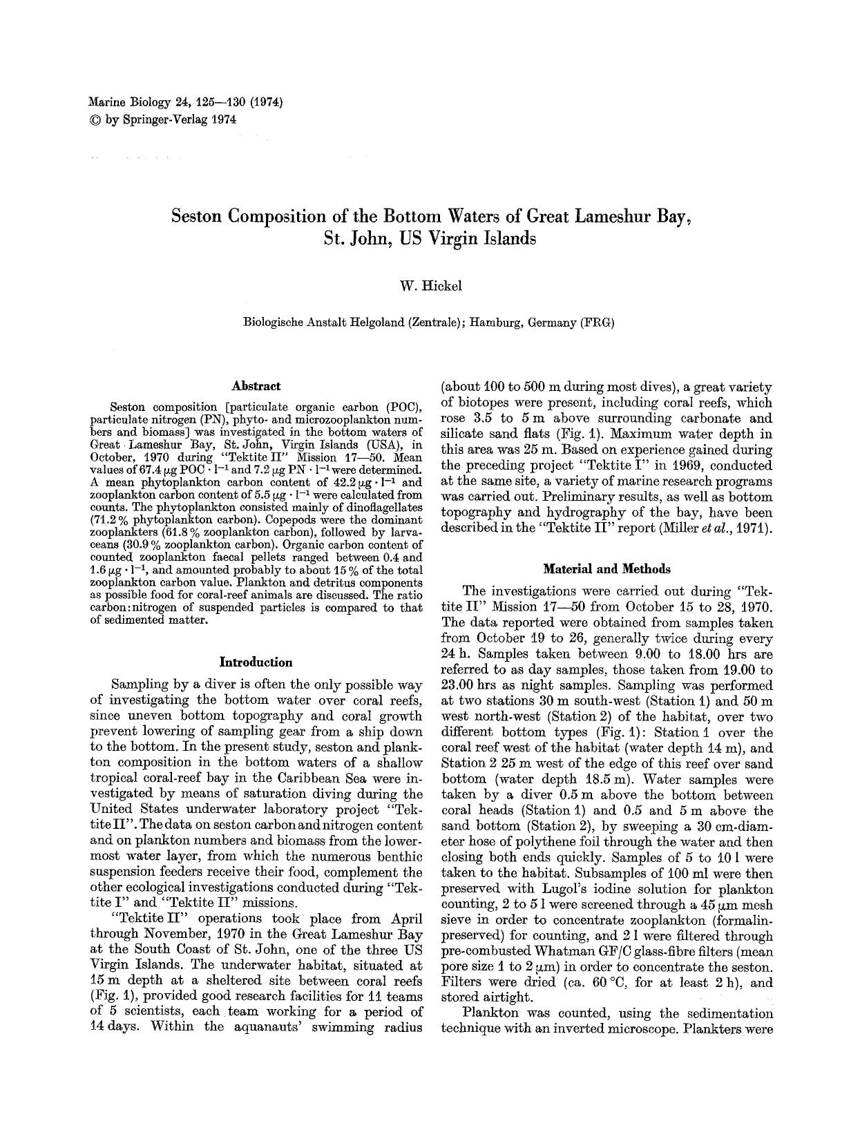 Seston composition of the bottom waters of Great Lameshur Bay, St. John, US Virgin Islands by Unknown