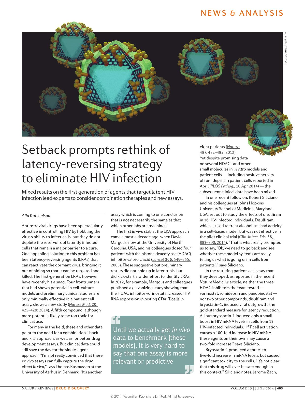Setback prompts rethink of latency-reversing strategy to eliminate HIV infection by Alla Katsnelson