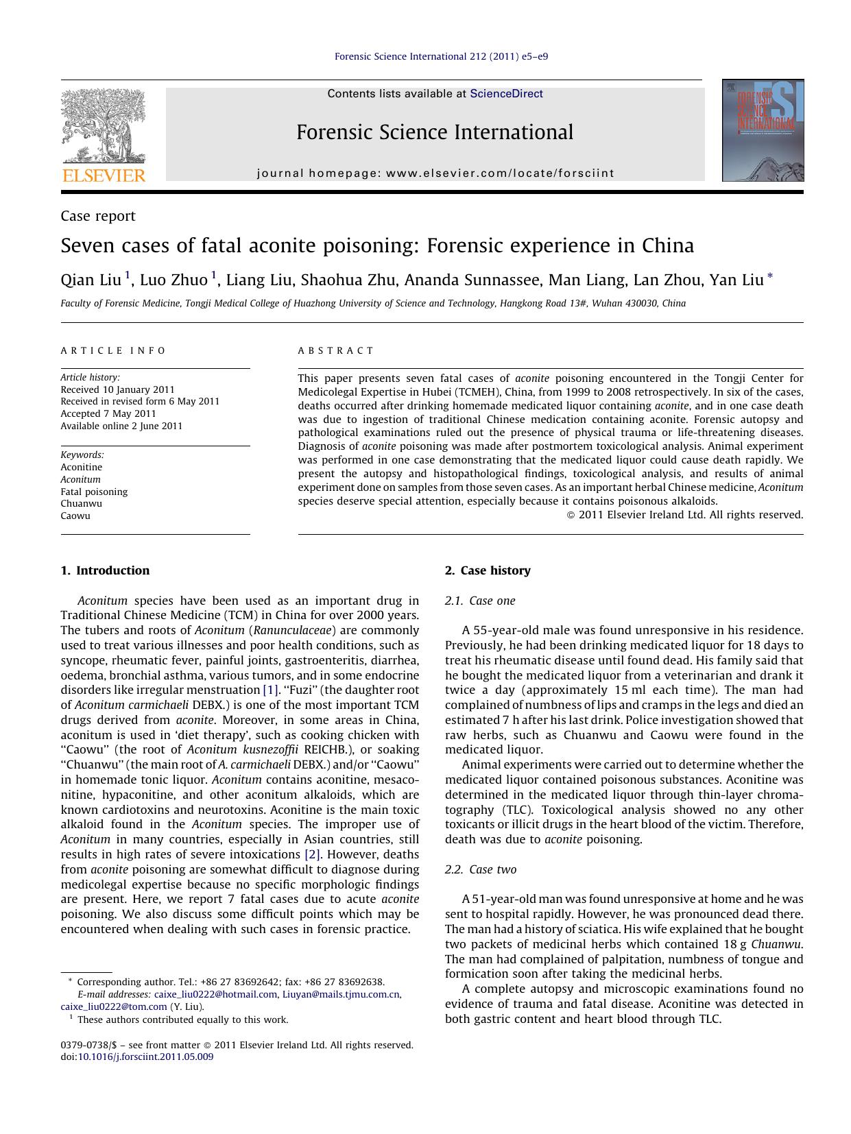 Seven cases of fatal aconite poisoning: Forensic experience in China by Qian Liu