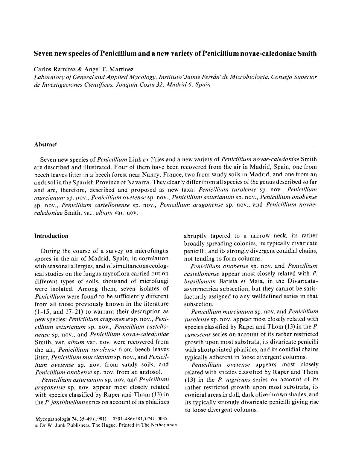 Seven new species of Penicillium and a new variety of Penicillium novae-caledoniae Smith by Unknown