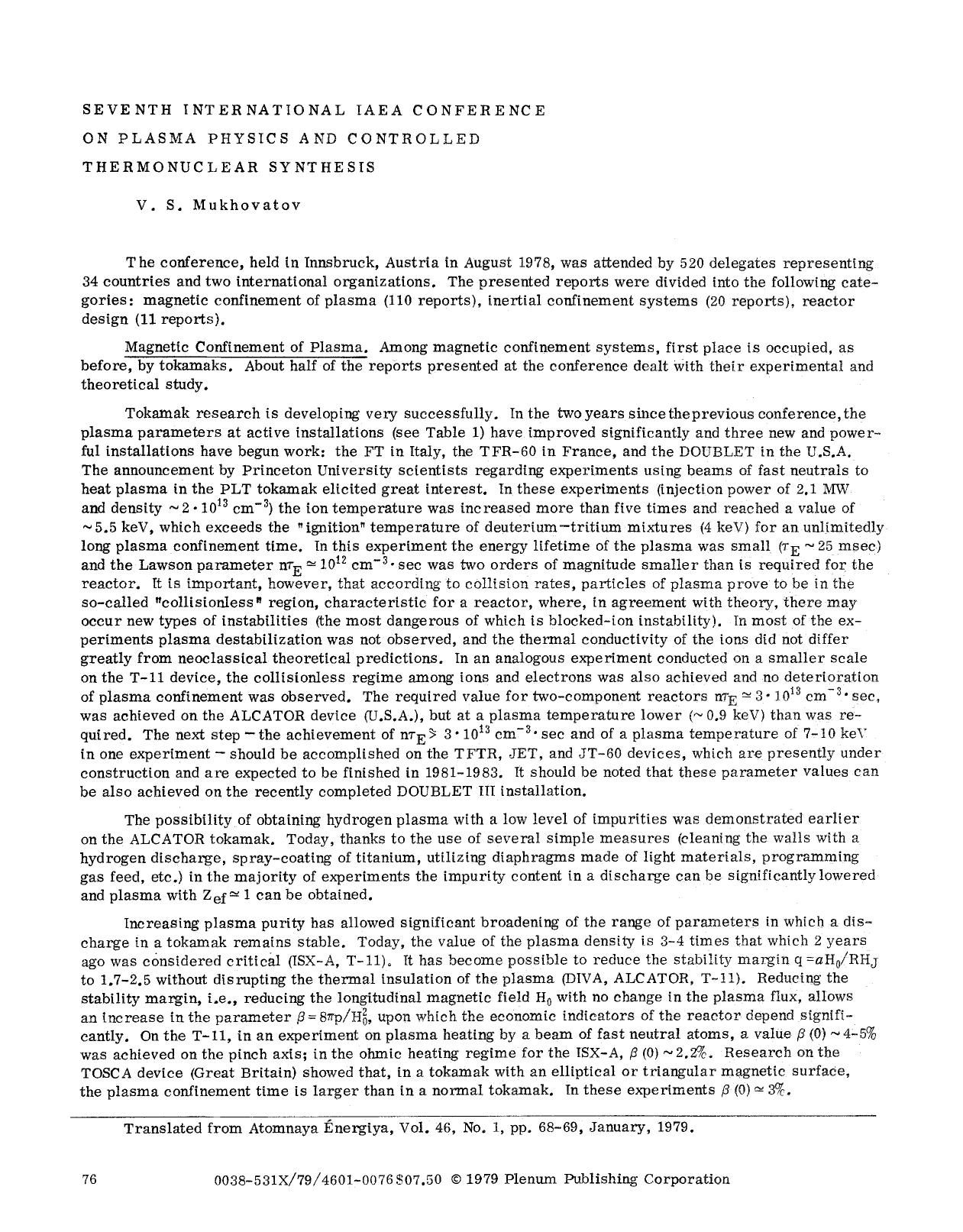 Seventh International EAEA Conference on Plasma Physics and Controlled Thermonuclear Synthesis by Unknown