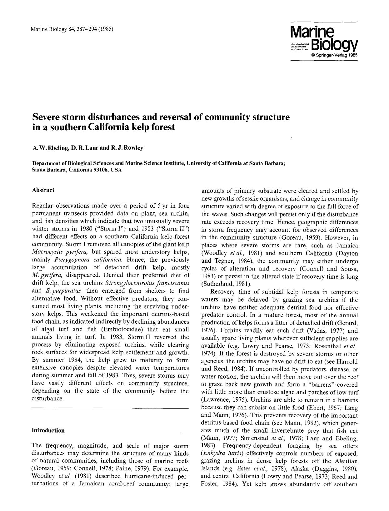 Severe storm disturbances and reversal of community structure in a southern California kelp forest by Unknown